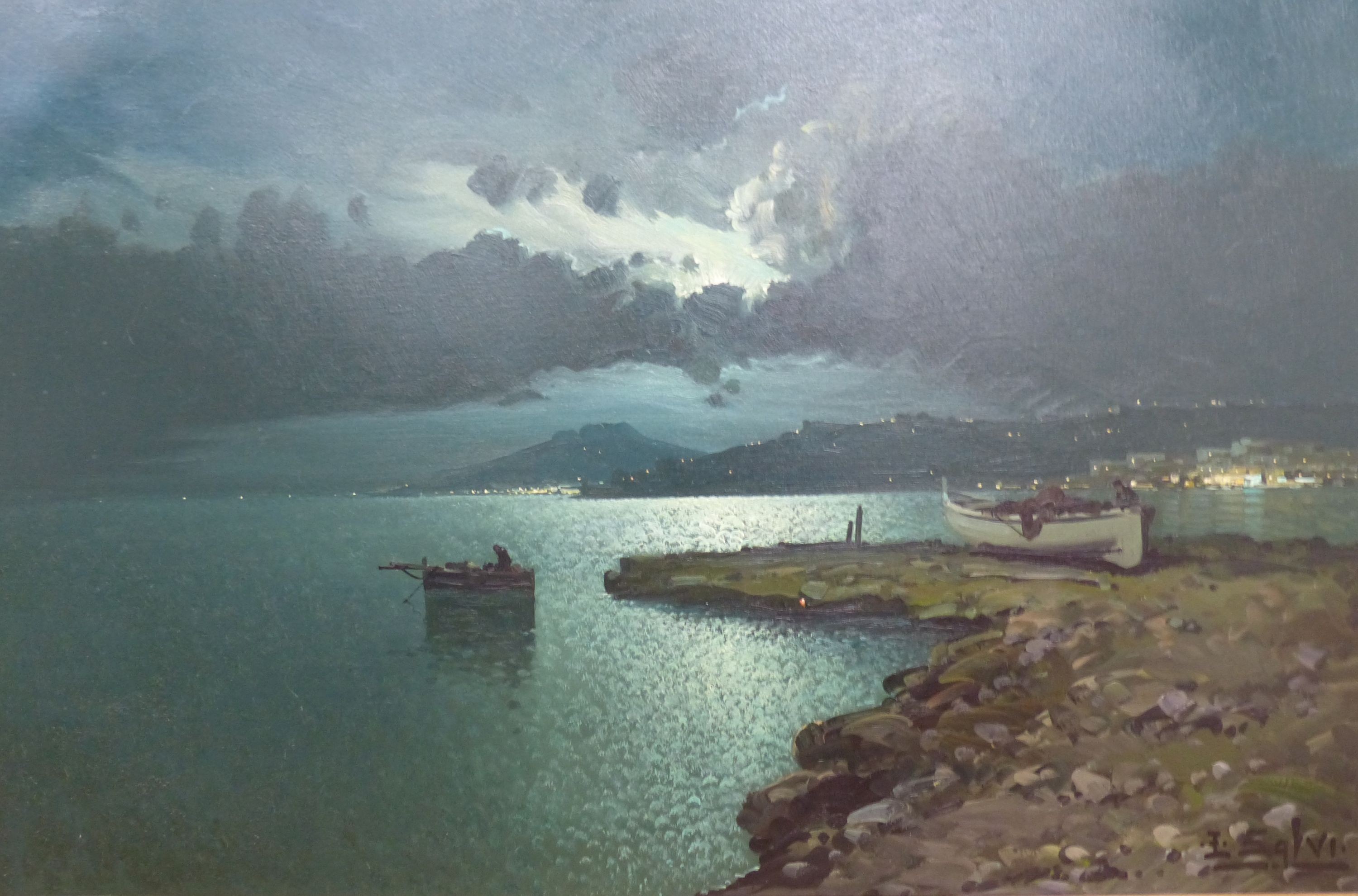 L. Salvi, oil on canvas, Neapolitan coast under moonlight, signed, 60 x 90cm.